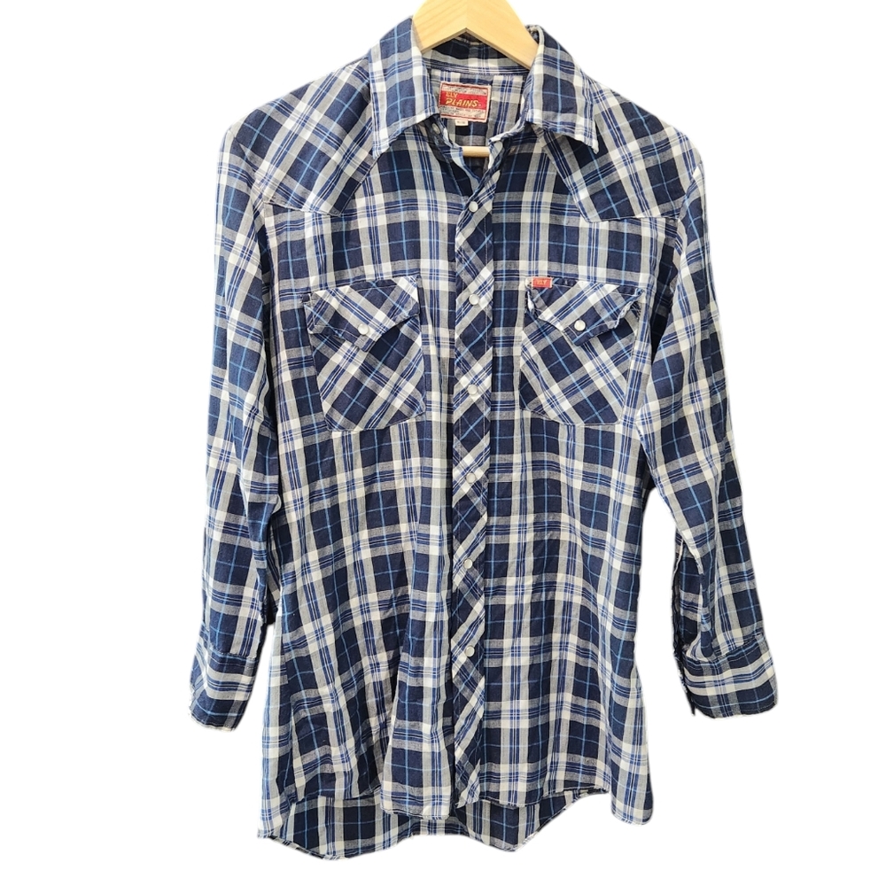 Vintage 70s Ely Blue Plaid Pearl Snap Western Shirt Hipster Rockabilly